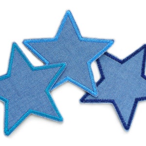 3 star iron-on patches blue, 8 cm, star patches for children/adults, trouser patches for jeans