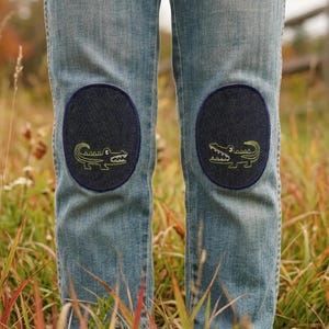 Knieflicken Krokodil grün-blau Jeans | 2er Set | 8 x 10 cm, Flicken zum Aufbügeln für Kinder