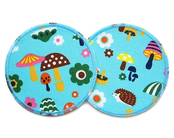 2 trouser patches for ironing for children, patching mushroom rabbit badger flower in the forest, iron patches light blue, 8 cm
