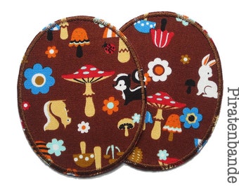 2 iron-on knee patches for children, mushroom rabbit badger flower in the forest, brown trouser patches for repairing children's trousers