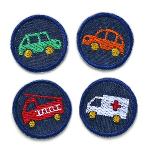 4 ironing pictures car fire brigade ambulance, 4 cm, mini patches embroidered, patch to iron for children