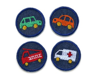 4 iron-on patches car fire brigade ambulance, 4 cm, small patches to iron on for children