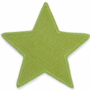 Könnte beinhalten: Ein grüner Filzstern mit einem gestickten Umriss. Der Stern ist ein dekoratives Element für Basteln und Heimdekoration.
