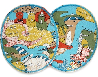 2 XL knee patches dinosaur iron-on patches, 10 x 12 cm, Dino trouser patches to iron on for children