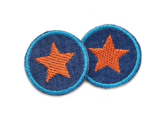 Set of 2 Denim Patches Star Patch Orange Embroidered, Mini Patches to Iron  On 