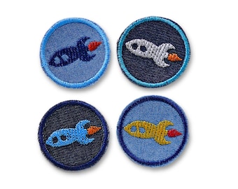 Rocket Mini Iron-On Patches, Set of 4, 4 cm, Small Spaceship Iron-On Patches for Children