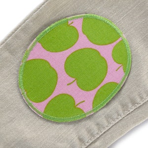 2 apple iron-on patches pink light green, retro knee patches apples, iron-on trouser patches for children image 3