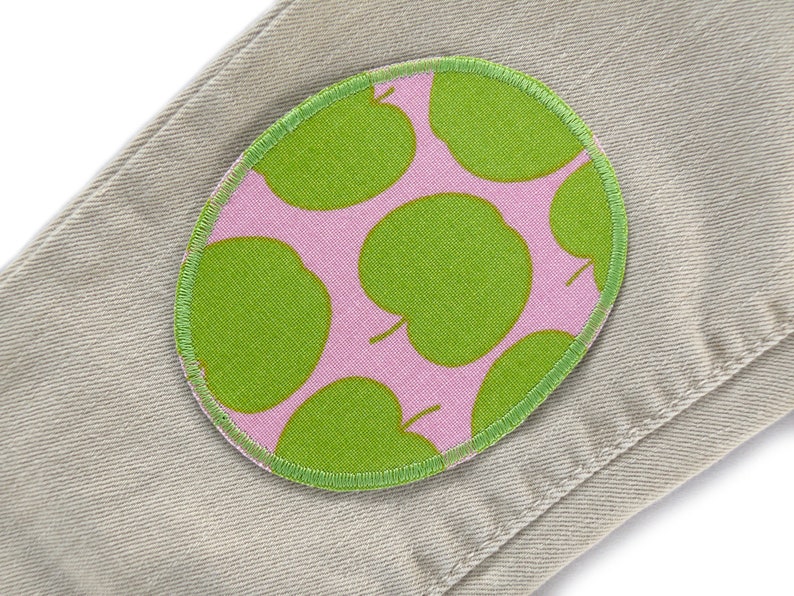 2 apple iron-on patches pink light green, retro knee patches apples, iron-on trouser patches for children image 3