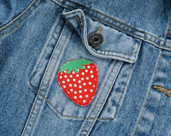 Erdbeere Bügelbild, 5cm, rote Erdbeer Aufnäher Aufbügler gestickt, Accessoire zum aufbügeln