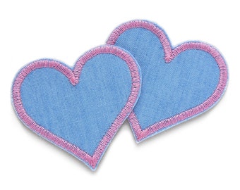 2 toppe cuore rosa, toppe jeans cuore azzurro, toppe termoadesive cuore