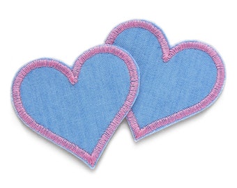 2 hart patches roze, hart jeans patches lichtblauw, hart strijken foto's om op te strijken