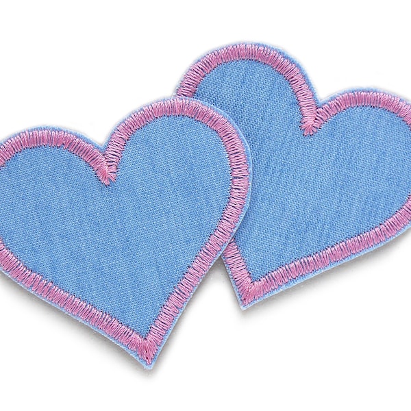 2 Herz Patches rosa, Herz Jeansflicken hellblau, Herz Bügelbilder zum aufbügeln