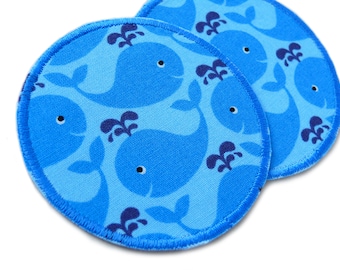 2 Wal Hosenflicken blau, Walfisch Bügelflicken, 8 cm, Knieflicken Flicken zum aufbügeln