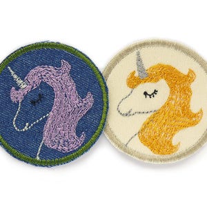 Einhorn Aufnäher zum aufbügeln, 5,5 cm, gestickter Jeansflicken Aufbügler für Mädchen, 2 Farben