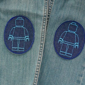 2 Flicken zum aufbügeln mit Blockmännchen blau, 8x10 cm, robuste Jeansflicken Knieflicken für Kinder