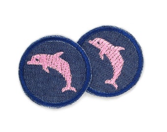 2 Mini Delfin Flicken zum aufbügeln rosa, 4 cm, Jeansflicken Delphin gestickt, Bügelbilder für Kinder