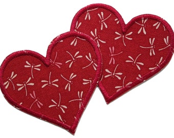 2 heart patches for ironing with small dragonflies, 8 cm, heart ironing pictures patch dragonfly wine red