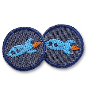 2 Mini Jeansflicken Rakete 4 cm – Bügelflicken für Kinder – gestickte Hosenflicken & Aufnäher zum Aufbügeln – Weltall Patches