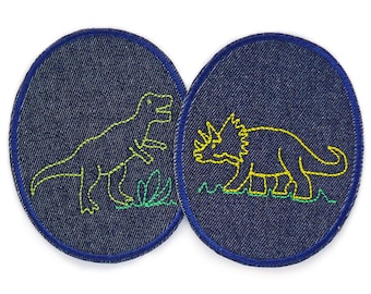 2 Dinosaurier Flicken zum Aufbügeln, 8 x 10 cm, Dino Bügelflicken für Jeanshosen, Jeansflicken für Kinder