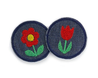 2 Mini Patches zum aufbügeln Tulpe & Blume rot, 4 cm, Flicken Accessoire für Kinder / Erwachsene