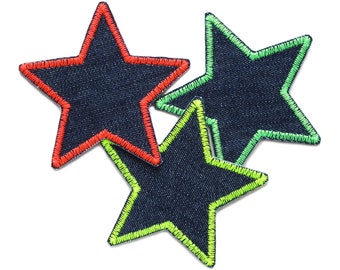 3 Stern Aufnäher zum aufbügeln, 8 cm, Jeansflicken Neon Set Bügelflicken für Kinder/Erwachsene