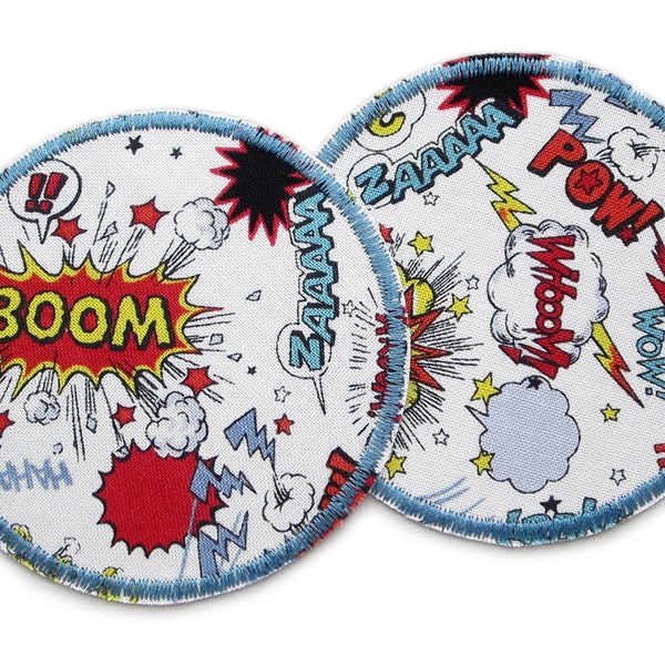 2 trouser patches comic speech bubbles, 8 cm, patches to iron pop art pattern, ironing patches for children