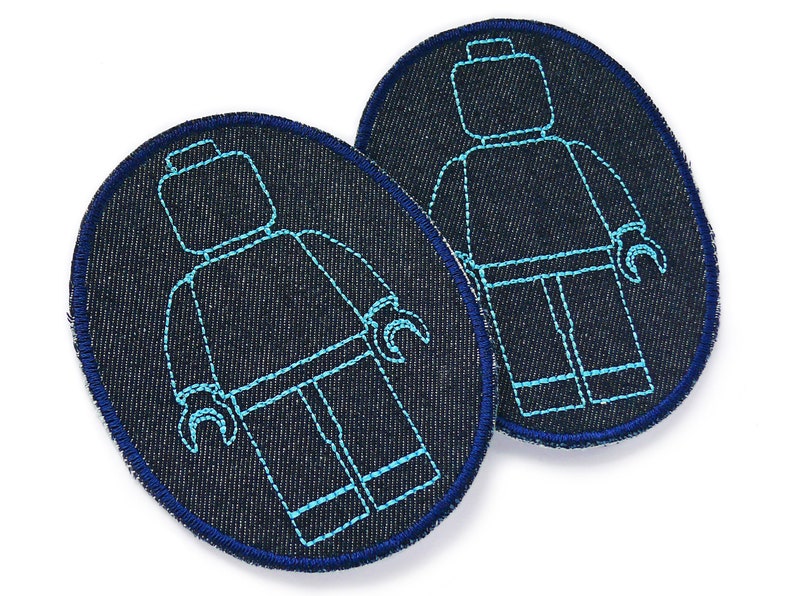 2 Flicken zum aufbügeln mit Blockmännchen blau, 8x10 cm, robuste Jeansflicken Knieflicken für Kinder 画像 2