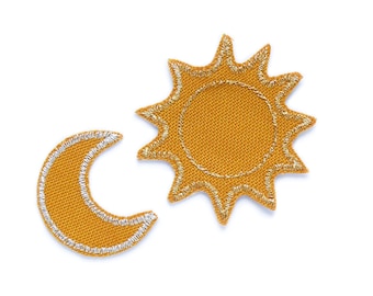 Sonne & Mond Glitzer Patch zum aufbügeln, 5 cm, gestickte Aufnäher Metallicgarn Accessoire für Kinder / Erwachsene