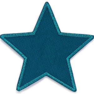May include: A teal blue star-shaped patch with a light blue outline. The star is made of a textured fabric.