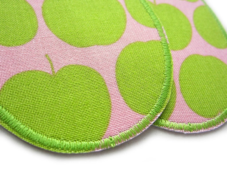 2 apple iron-on patches pink light green, retro knee patches apples, iron-on trouser patches for children image 5