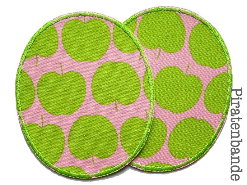 2 apple iron-on patches pink light green, retro knee patches apples, iron-on trouser patches for children 10 x 12 cm