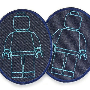 2 Flicken zum aufbügeln mit Blockmännchen blau, 8x10 cm, robuste Jeansflicken Knieflicken für Kinder 画像 1