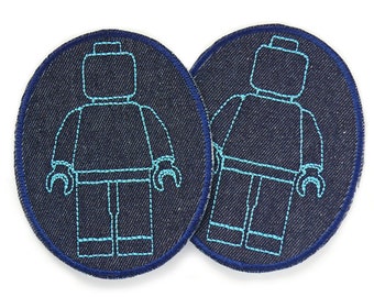 2 Flicken zum aufbügeln mit Blockmännchen blau, 8x10 cm, robuste Jeansflicken Knieflicken für Kinder