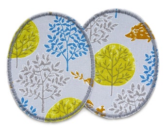 2 Knieflicken zum aufbügeln für Kinder mit Waldmotiv, 8 x 10 cm, Bügelflicken Bäume Wald
