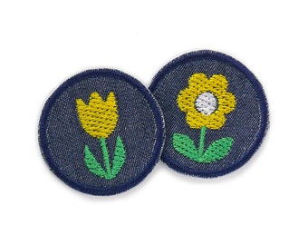 2 Mini Patches zum aufbügeln - Tulpe & Blume gelb, 4 cm, kleine Flicken, gestickte Accessoires für Jeans