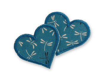 2 toppe termoadesive a forma di cuore, toppe a forma di libellula in blu petrolio, toppe termoadesive per pantaloni