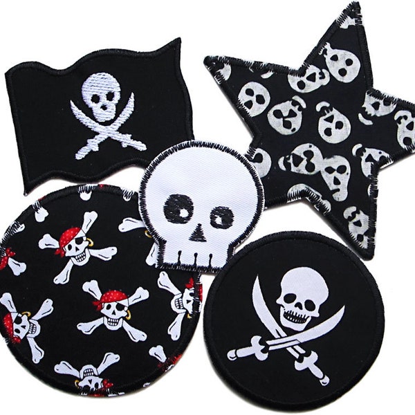 Set 5 Piraten Aufnäher zum aufbügeln, Totenkopf Stern Flagge, Flicken Hosenflicken für Kinder