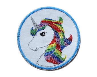 Einhorn Patch mit bunter Mähne zum aufbügeln, 8 cm, gesticktes Einhorn in Regenbogenfarben, Aufbügler Aufnäher für Kinder