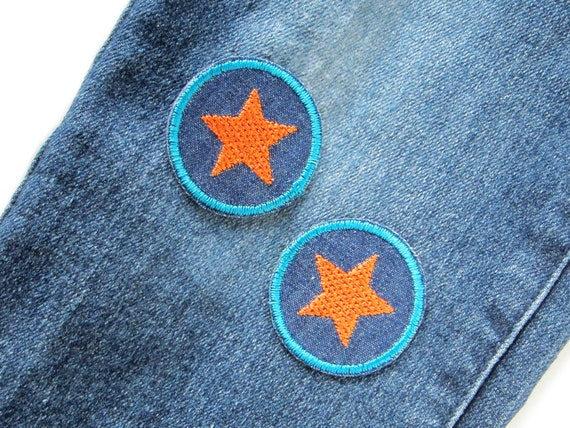 Set of 2 Denim Patches Star Patch Orange Embroidered, Mini Patches to Iron  On 