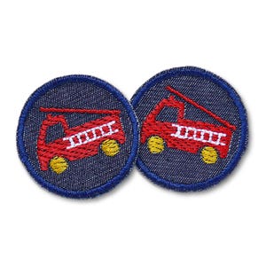 Set 2 Jeansflicken rote Feuerwehr Auto, 4 cm, Mini Patches gestickt, Flicken zum aufbügeln