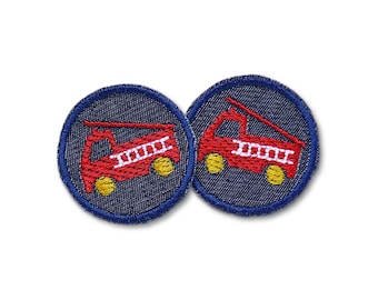 Set 2 Jeansflicken rote Feuerwehr Auto, 4 cm, Mini Patches gestickt, Flicken zum aufbügeln