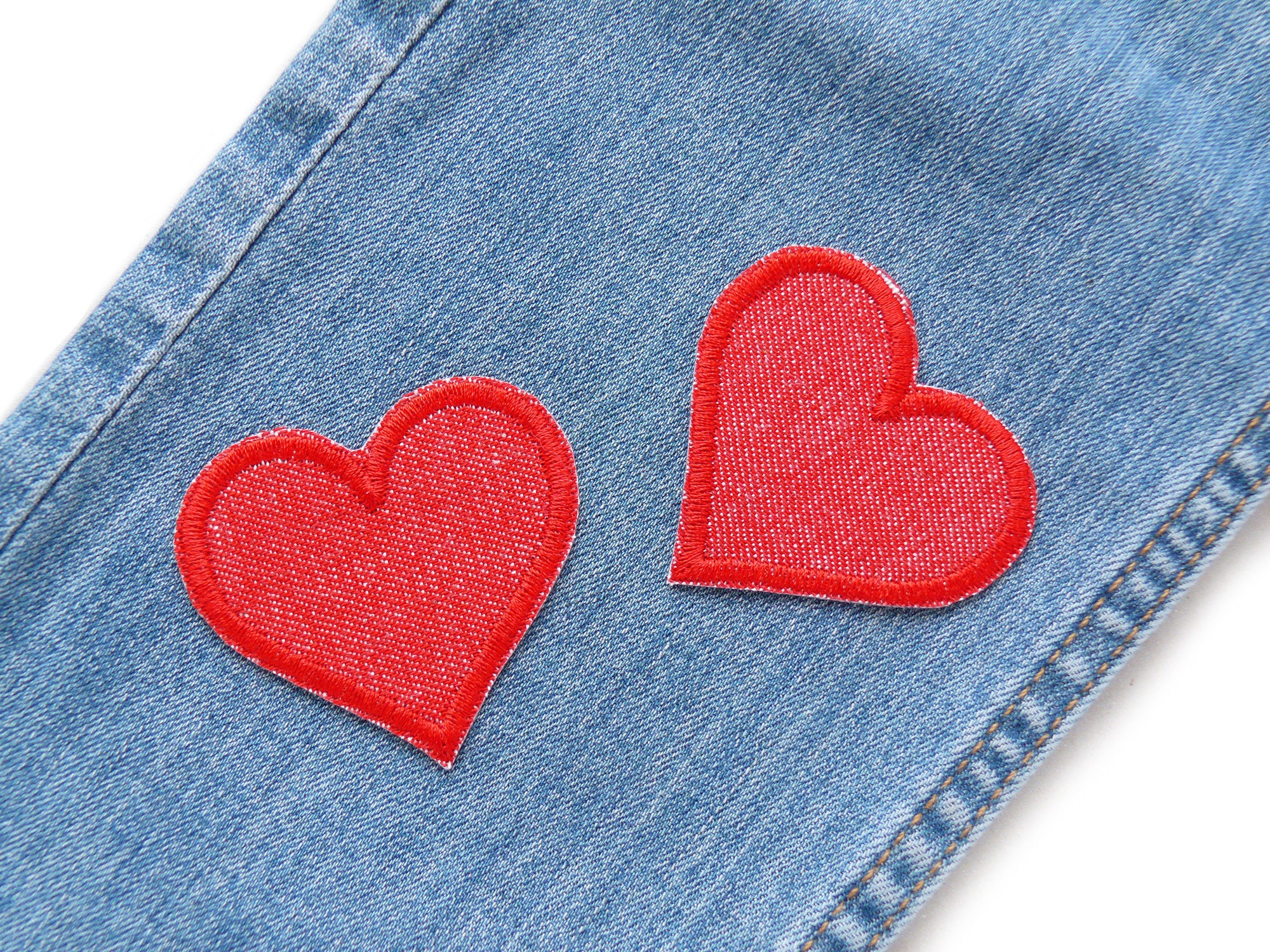 【BOK PLACE】Raw Red Stitch Heart Embroidery Wide Denim PT High Rise Heart Patched Wide Leg Jeans - Medium Wash