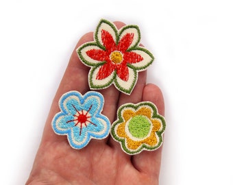 3 Blumen Patches Set - Mini Blüten Aufnäher, 3-5 cm, Accessoire Bügelbild, Flicken Blume zum aufbügeln