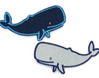 Wal Bügelbild Jeansflicken, 11x5 cm, Aufbügler Buckelwal, Flicken zum Aufbügeln für Kinder