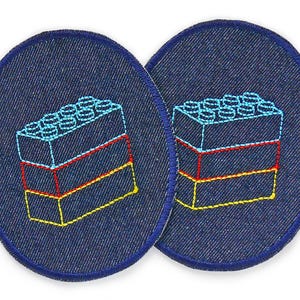 2 Flicken zum aufbügeln, 8x10 cm, Jeans Knieflicken mit gestickten Bausteinen, Hosenflicken für Kinder