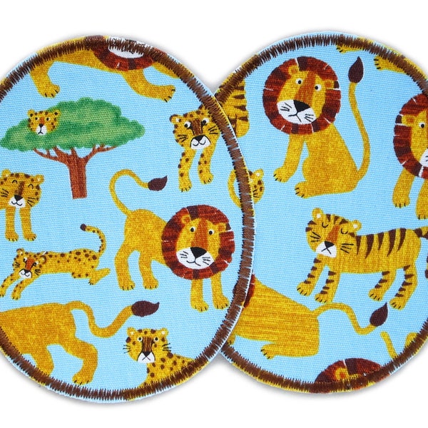 Set 2 Knieflicken Safari, 8x10 cm, Hosenflicken für Kinder zum aufbügeln mit Löwe und Tiger