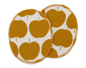 2 appelgele opstrijkpatches, retro kniepatches met goudgele appels, broekpatches