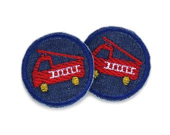 Set 2 Jeansflicken rote Feuerwehr Auto, 4 cm, Mini Patches gestickt, Flicken zum aufbügeln