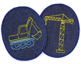 Iron-on patches, excavator crane, set of 2, 8 x 10 cm, knee patches for jeans, construction site design, for children
