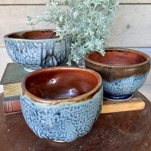 Trio of Art Pottery Raku Blue & Brown Vessels
